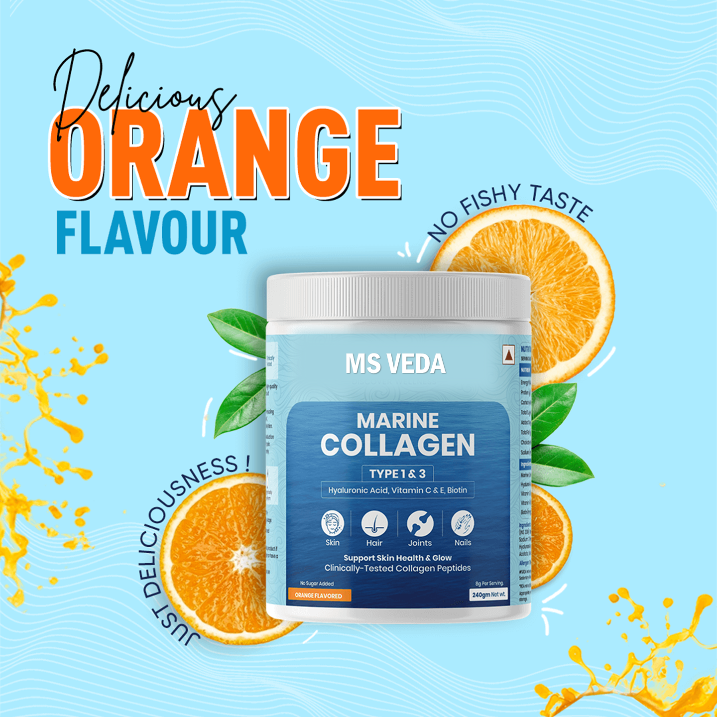 MSVEDA Marine Collagen With Hyaluronic Acid, Vitamin C & E, Biotin - for Youthful Skin (240 gm)