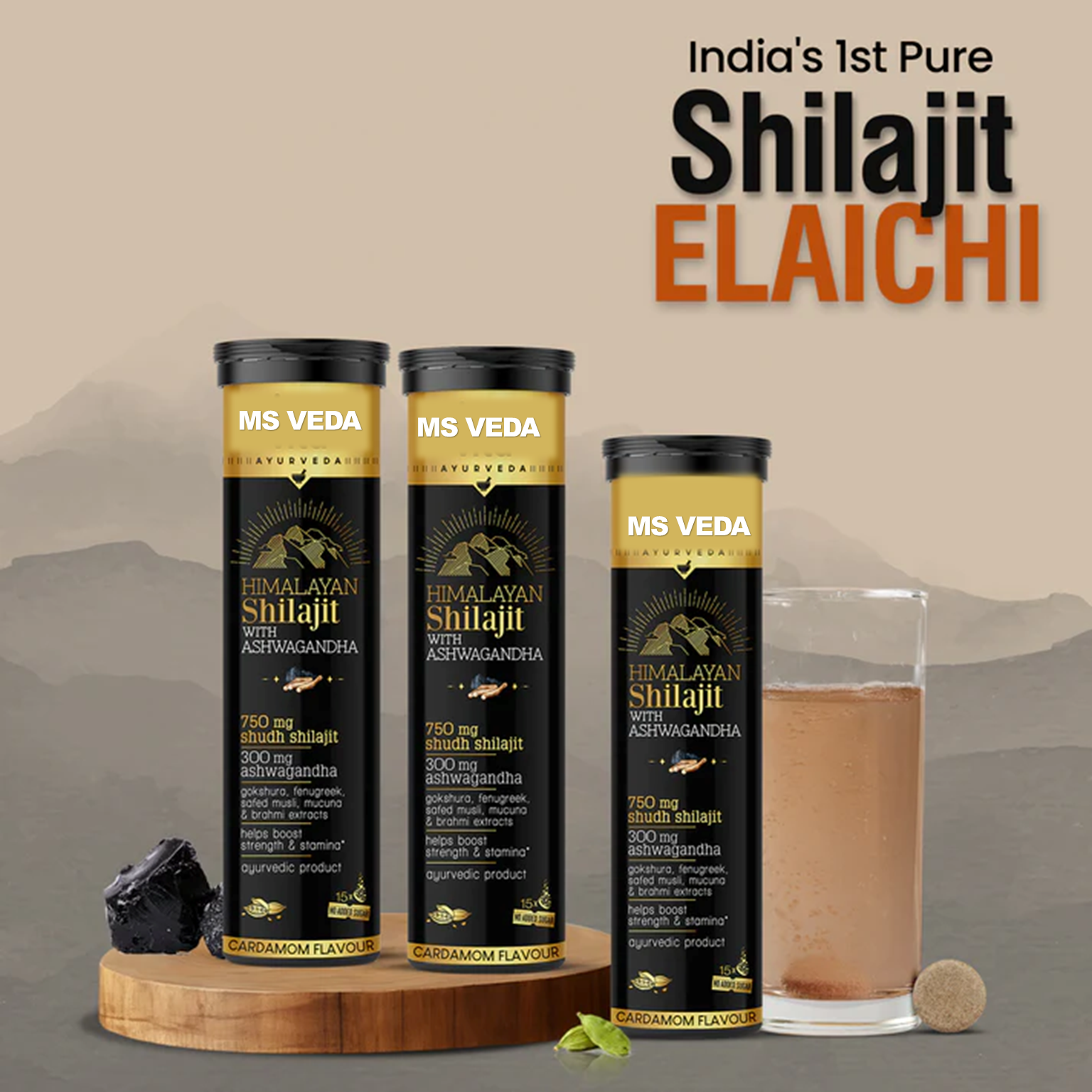(Shilajit Elaichi) Pure Shilajit Effervescent with Ashwagandha