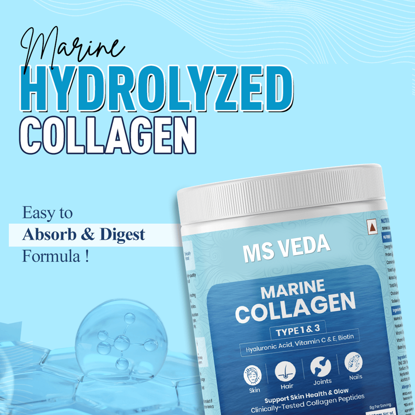 MSVEDA Marine Collagen With Hyaluronic Acid, Vitamin C & E, Biotin - for Youthful Skin (240 gm)
