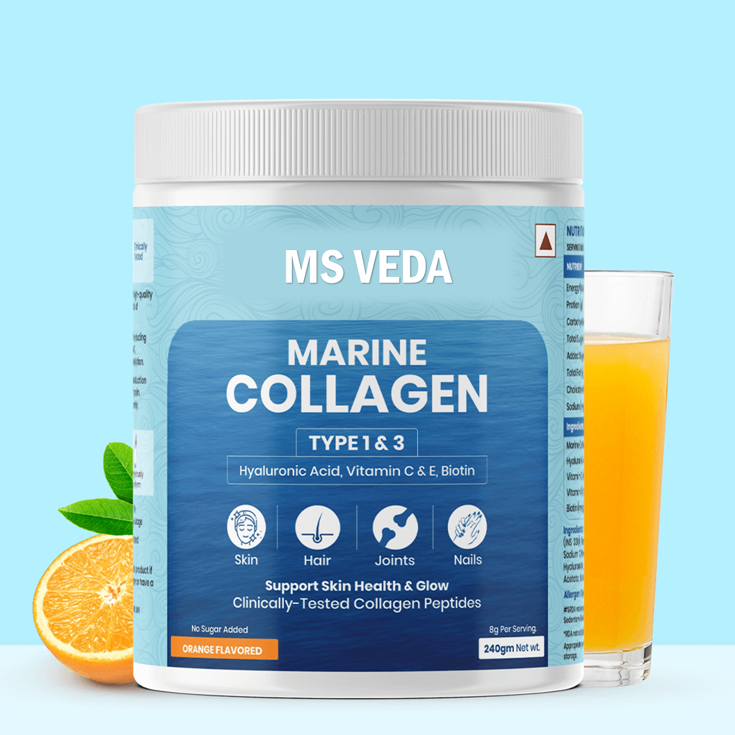 MSVEDA Marine Collagen With Hyaluronic Acid, Vitamin C & E, Biotin - for Youthful Skin (240 gm)