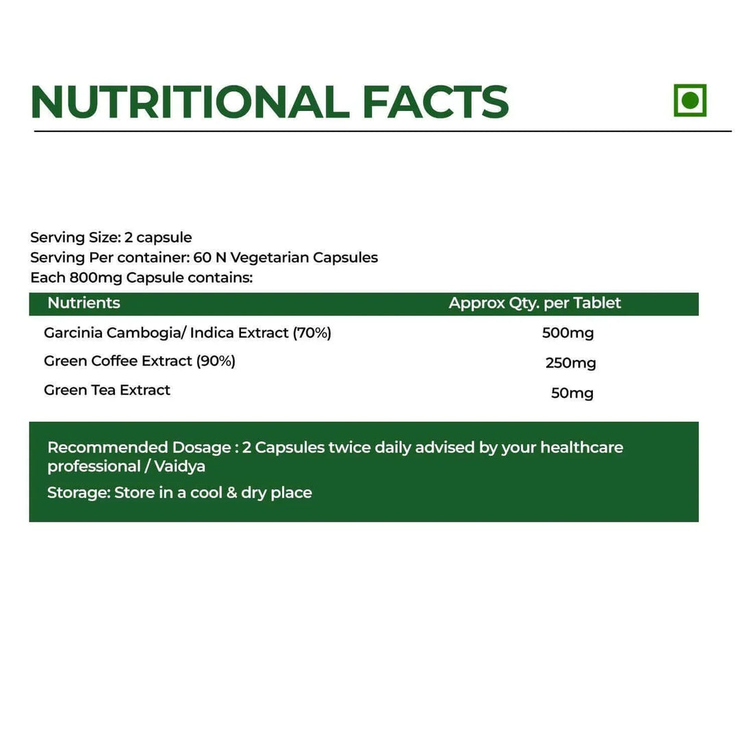 MSVEDA  Garcinia- Cambogia Capsule - with 60% HCA & Green Tea Extract - Helps Improves Digestion and metabolism (60 cap)