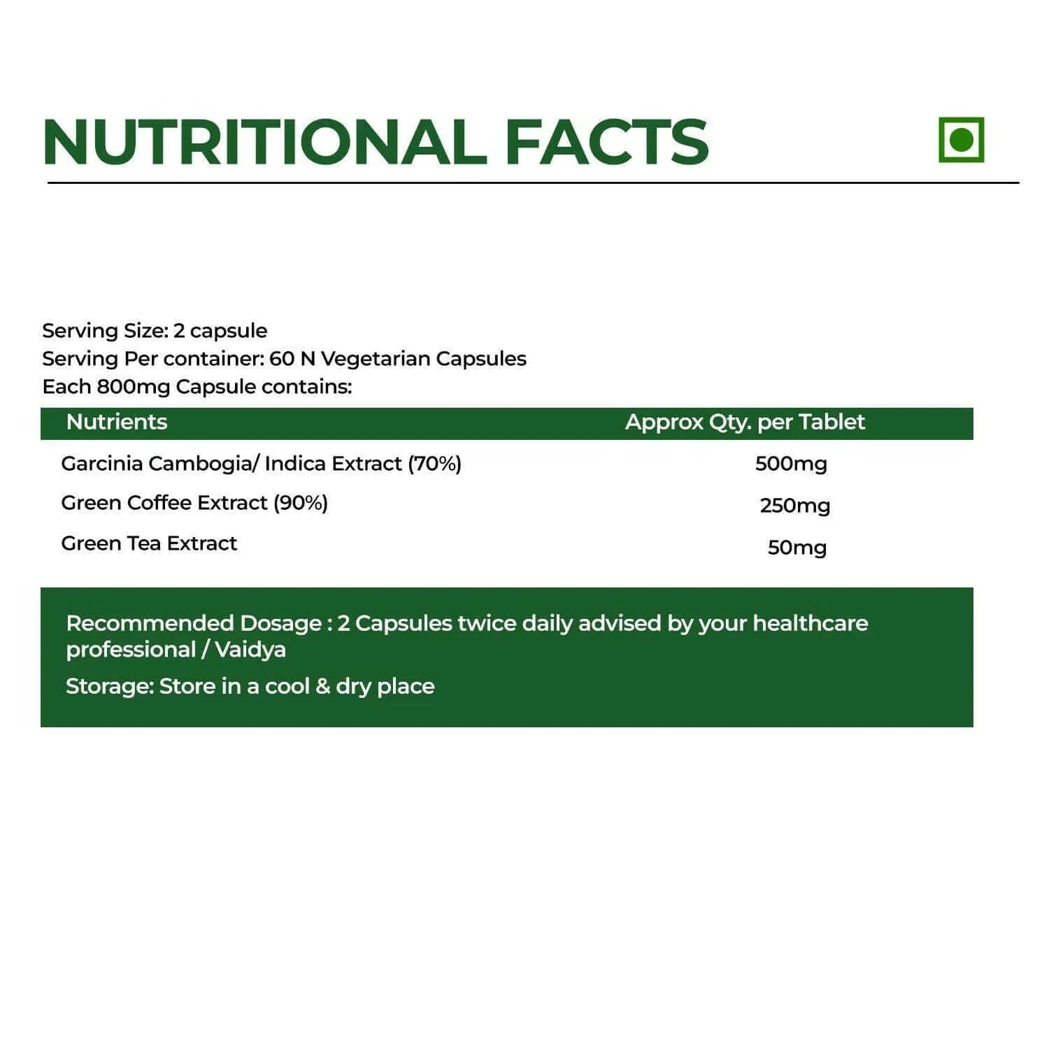 MSVEDA  Garcinia- Cambogia Capsule - with 60% HCA & Green Tea Extract - Helps Improves Digestion and metabolism (60 cap)